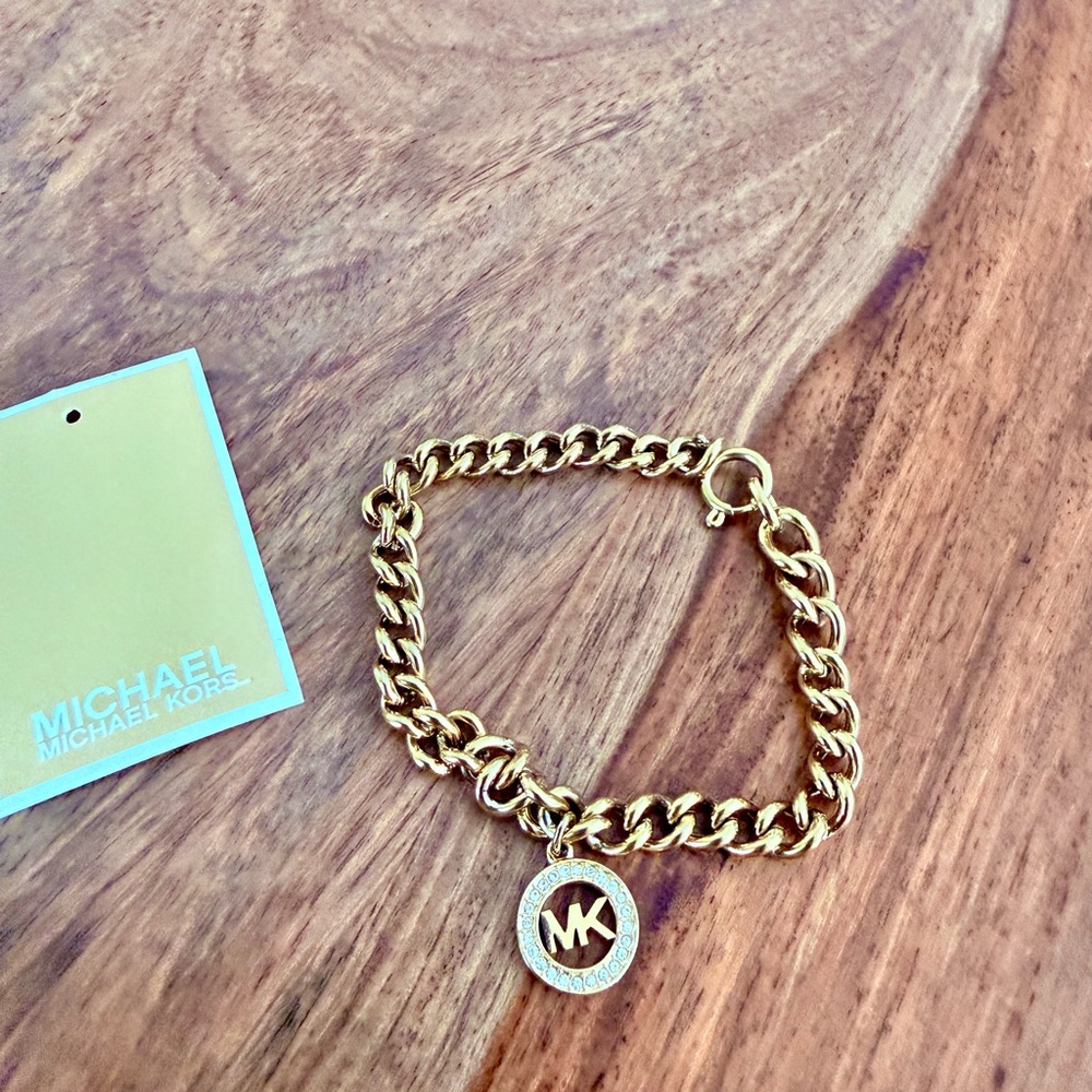 Michael Kors Gold-Tone Chain Bracelet with MK Coin Charm